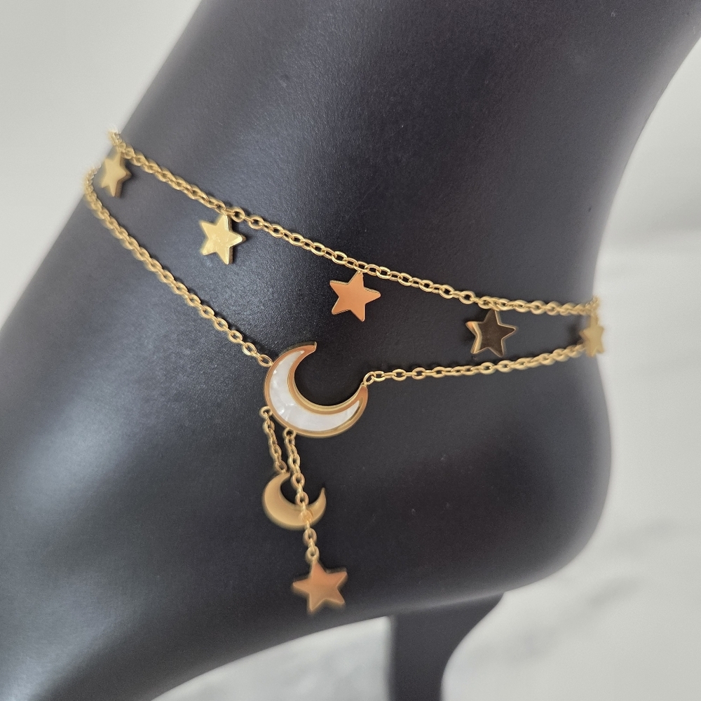 Gold Anklet Moon and Stars Charms Double Chain Layered Ankle Bracelet - Picture 8 of 15